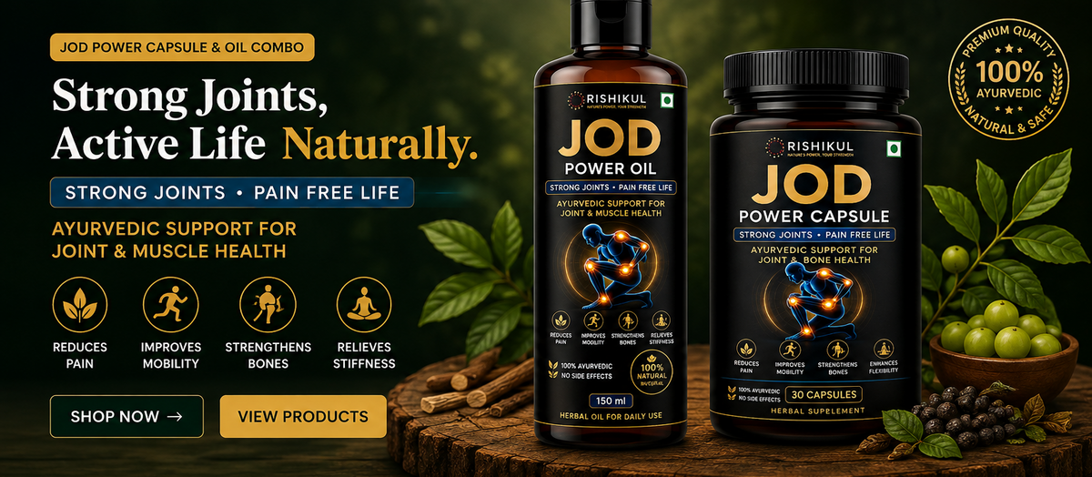 Rishikul Herbs Jod Power Oil and Jod Power Capsule website banner featuring two black bottles and jars on a dark forest-themed background with wood, leaves, and green berries. The banner includes promotional text, product details, and customer support icons.