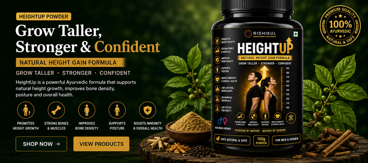 A promotional banner for Rishikul Herbs HeightUp Powder, featuring a large black bottle of the product on the right, with a background of green leaves, a wooden bowl of powder, and promotional text on the left.