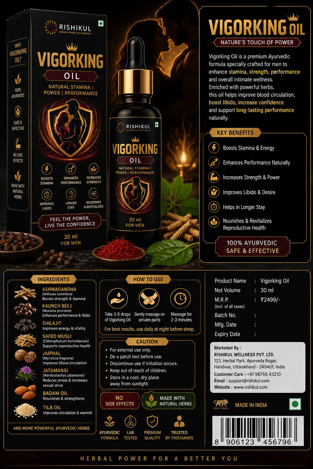 A product information card for Rishikull Vigorking Oil, showing the black bottle with gold dropper, its retail box, and a detailed infographic layout with ingredients, benefits, and usage instructions on a black background.