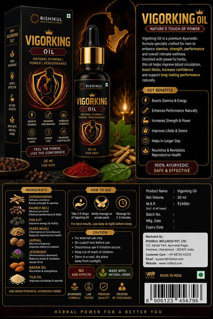 A product information card for Rishikull Vigorking Oil, showing the black bottle with gold dropper, its retail box, and a detailed infographic layout with ingredients, benefits, and usage instructions on a black background.