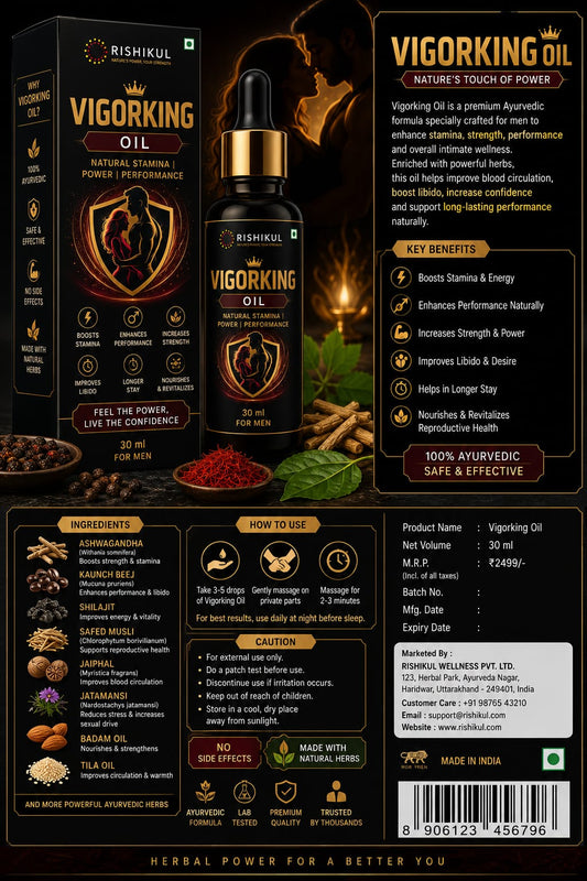 A product information card for Rishikull Vigorking Oil, showing the black bottle with gold dropper, its retail box, and a detailed infographic layout with ingredients, benefits, and usage instructions on a black background.